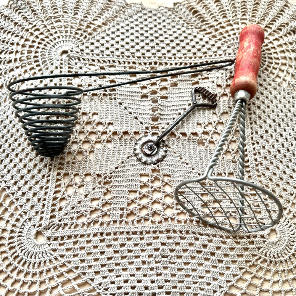 Vintage Pastry Cutter, Egg Whisk, Potato Masher
